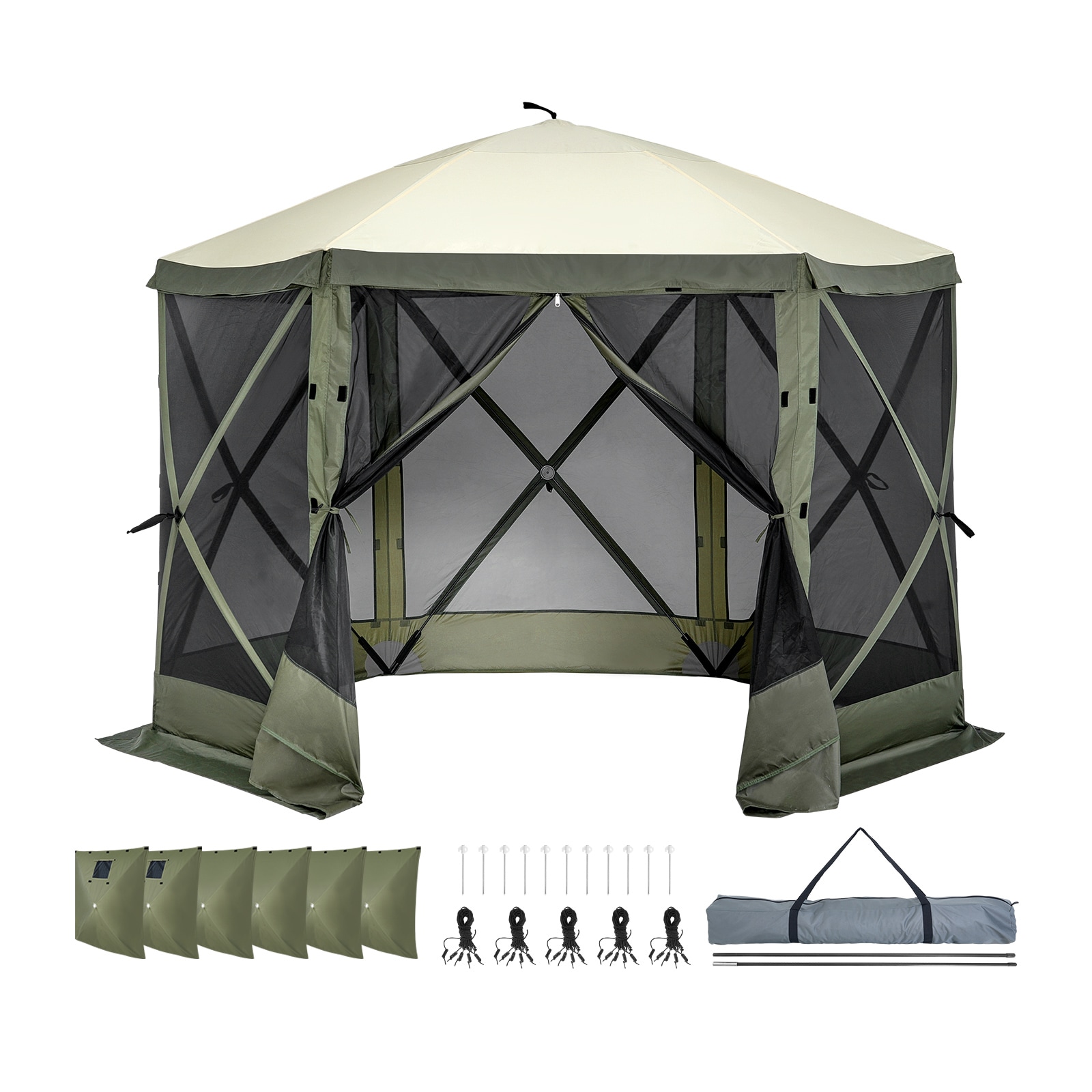 Pop Up Gazebo Tent, Pop-Up Screen Tent 6 Sided Canopy Sun Shelter With 6 Removable Privacy Wind Cloths & Mesh Windows, 10x10FT Quick Set Screen Tent With Mosquito Netting, Army Green_voghion.com